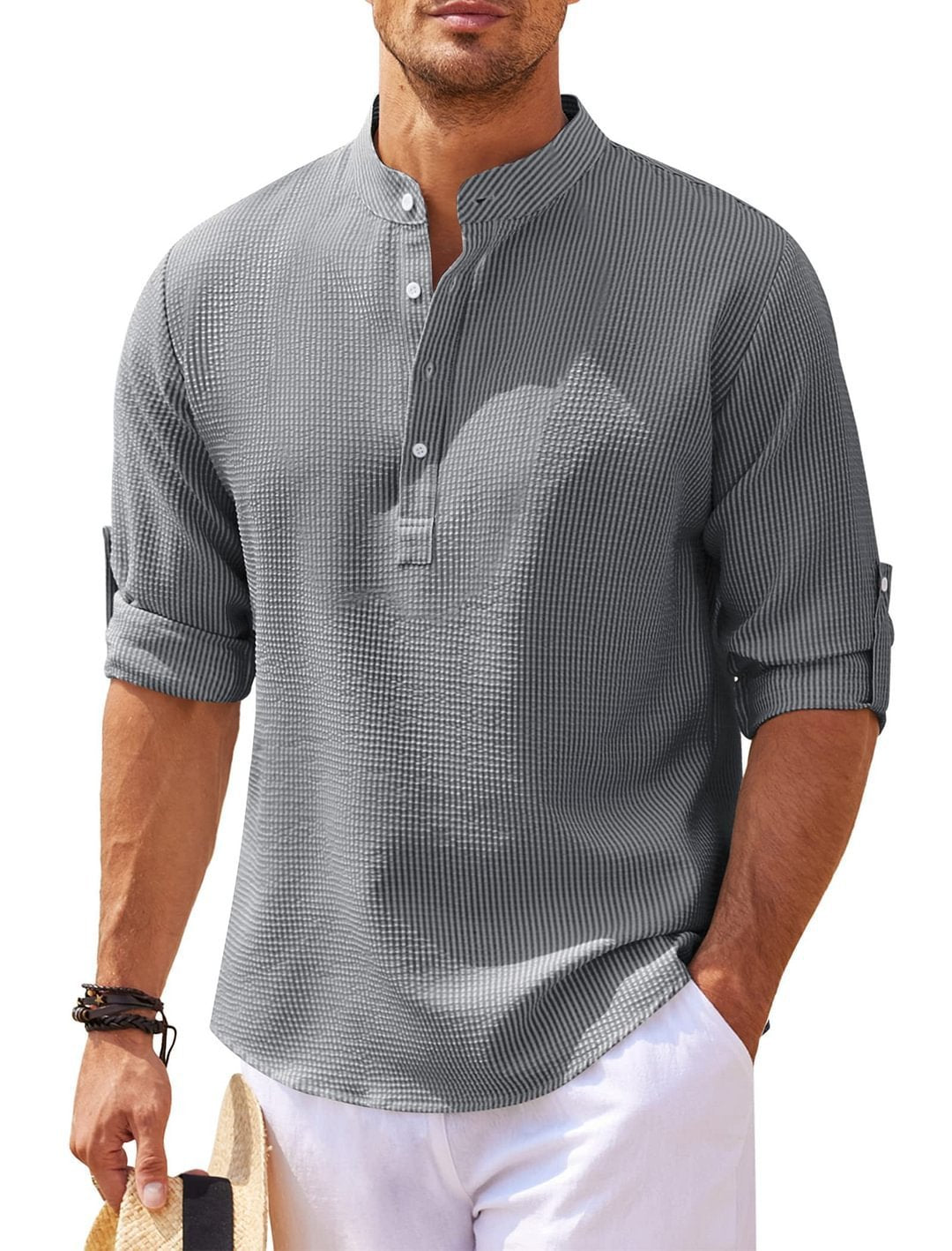 Jayhoun Men’s Streetwear Stand Collar Shirt – Long Sleeve, Solid Color