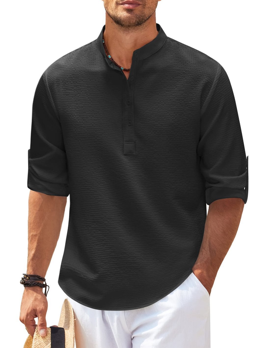 Jayhoun Men’s Streetwear Stand Collar Shirt – Long Sleeve, Solid Color