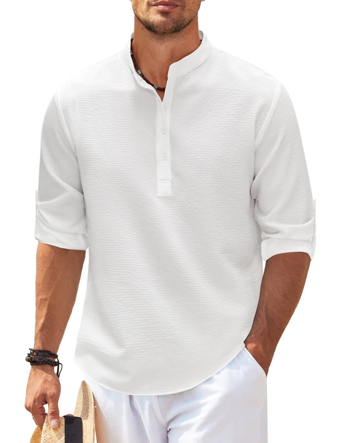 Jayhoun Men’s Streetwear Stand Collar Shirt – Long Sleeve, Solid Color