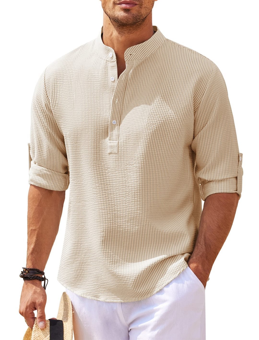 Jayhoun Men’s Streetwear Stand Collar Shirt – Long Sleeve, Solid Color