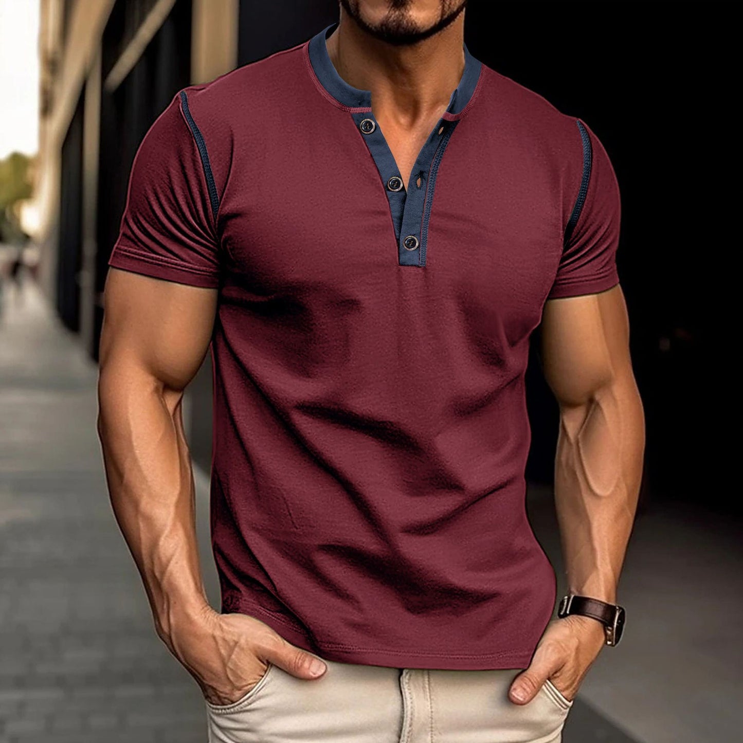 Jayhoun-Men’s Short-Sleeve Buttoned V-Neck Polo Shirt