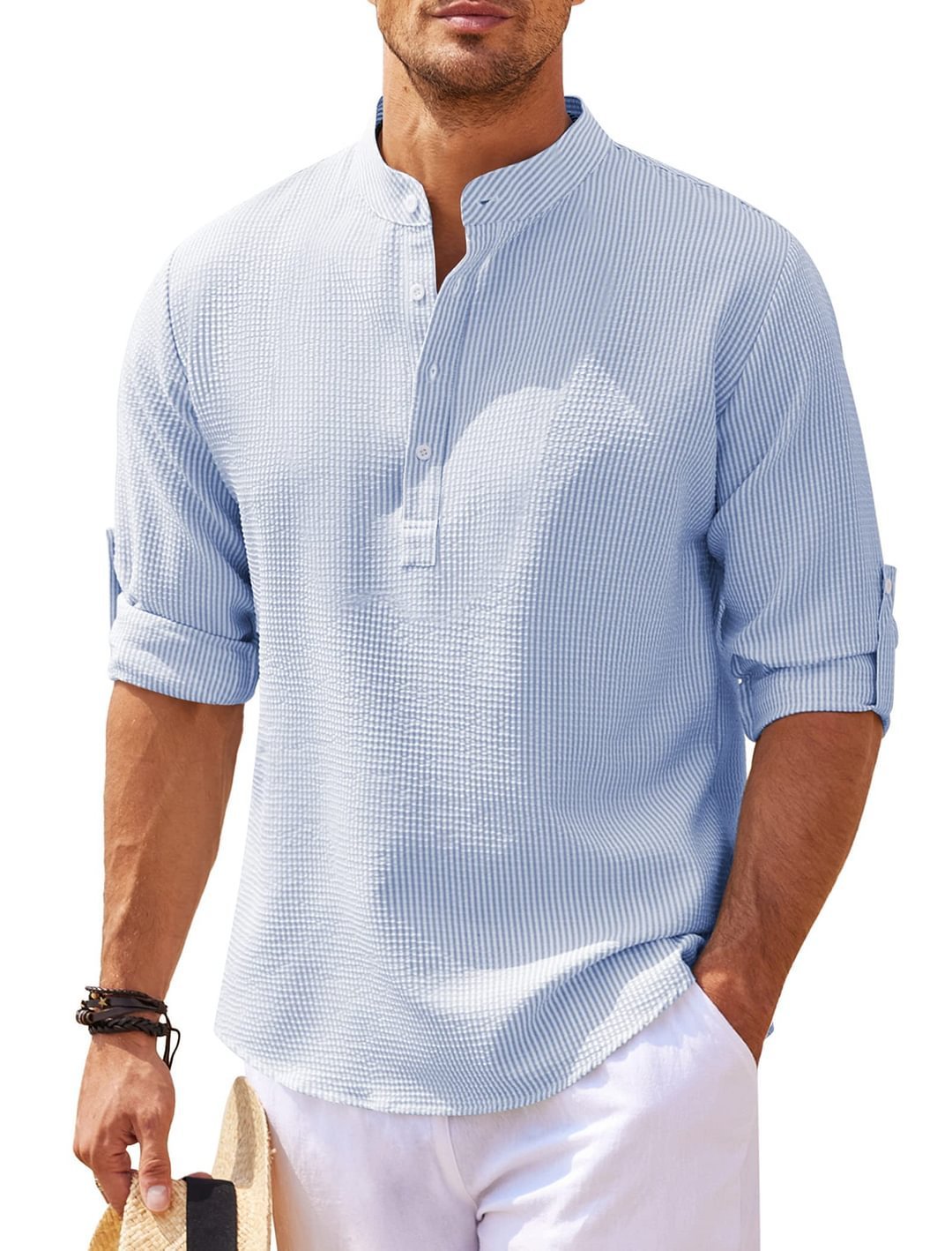 Jayhoun Men’s Streetwear Stand Collar Shirt – Long Sleeve, Solid Color