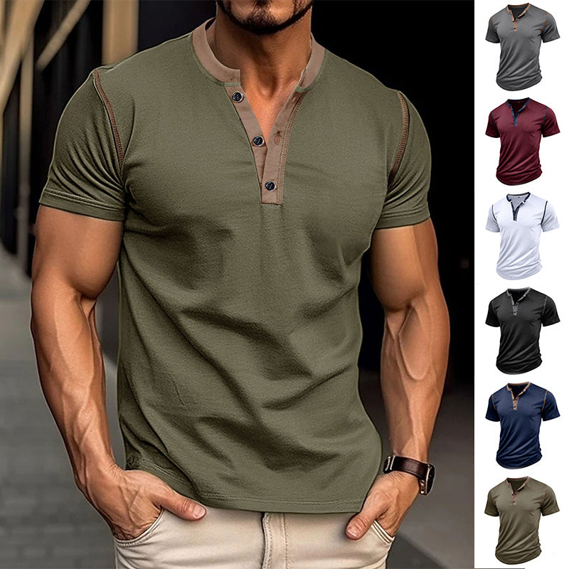 Jayhoun-Men’s Short-Sleeve Buttoned V-Neck Polo Shirt