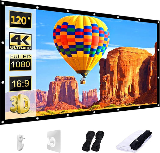 Projector Screen 120 Inch, Washable Projector Screen 16:9 Foldable Anti-Crease Portable Projector Movies Screen for Home Theater Outdoor or Indoor Support Double Sided Projection