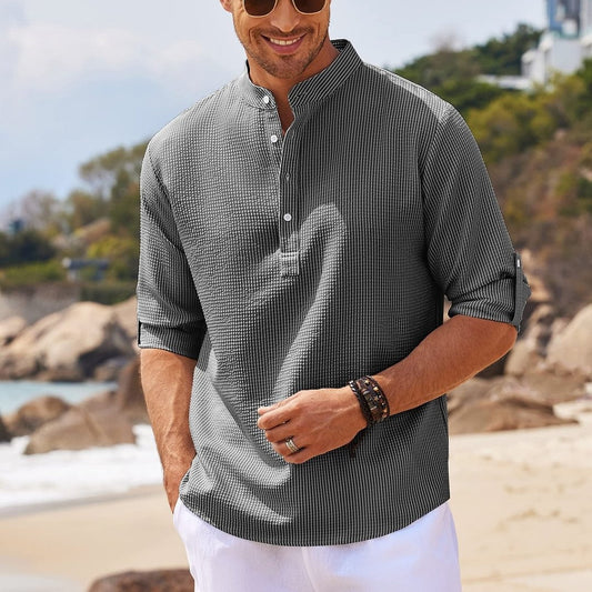 Jayhoun Men’s Streetwear Stand Collar Shirt – Long Sleeve, Solid Color