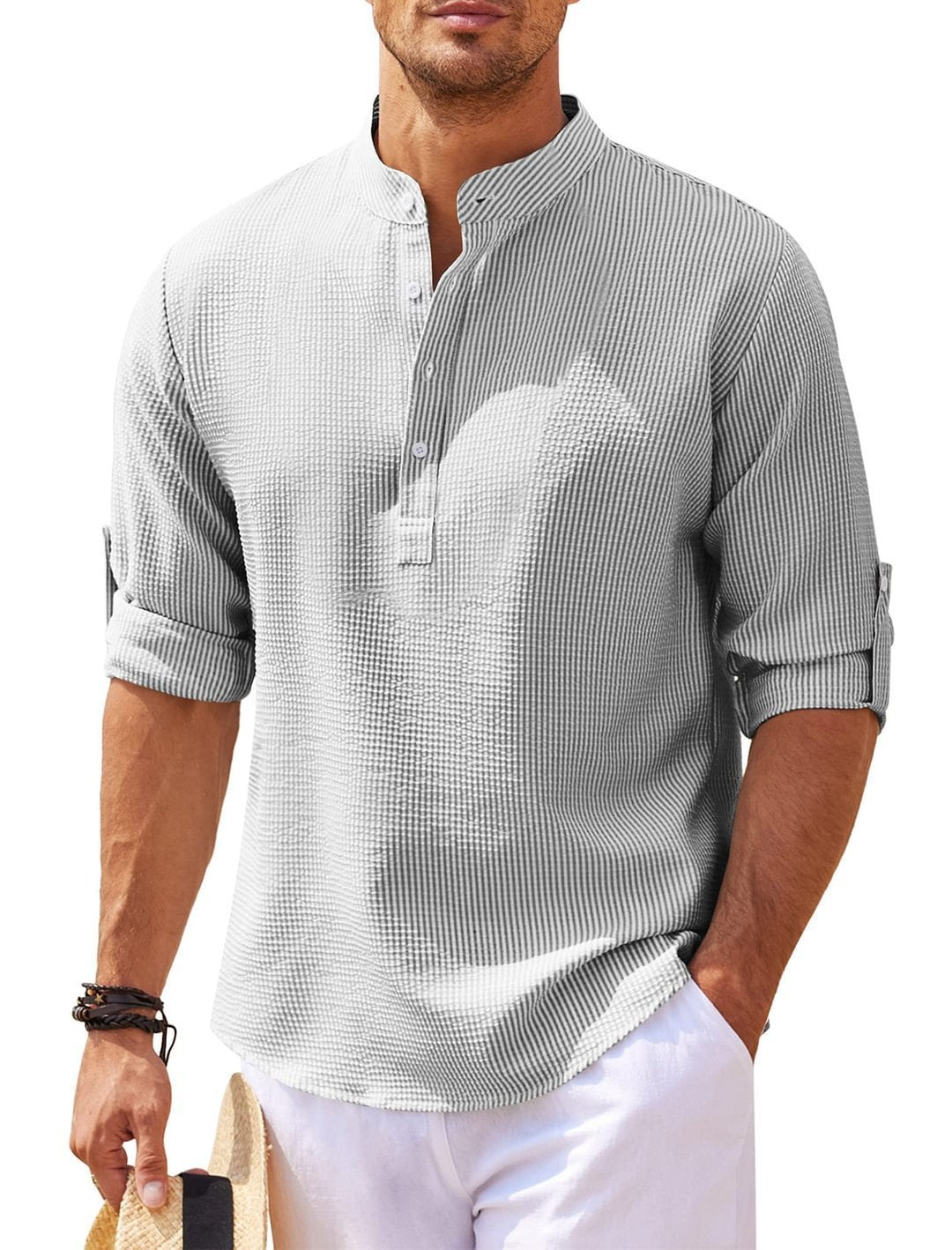 Jayhoun Men’s Streetwear Stand Collar Shirt – Long Sleeve, Solid Color
